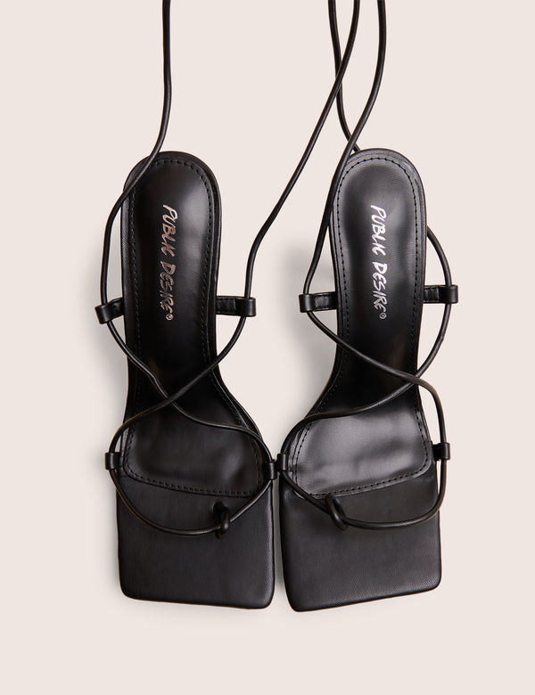 Euphoria Black PU Square Toe Lace Up Mid Heels