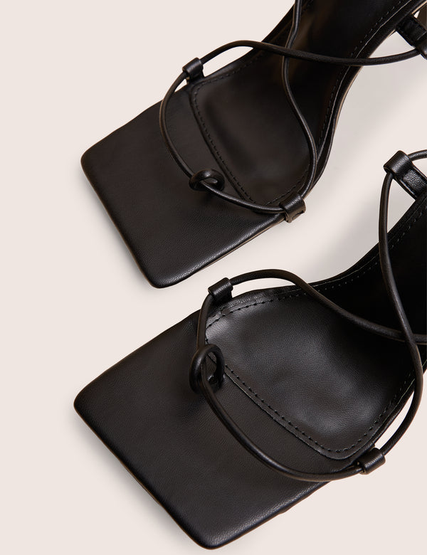 Euphoria Black PU Square Toe Lace Up Mid Heels