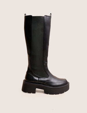 Evergreen Black Knee High Elasticated Detail Chunky Heeled Sole Boots