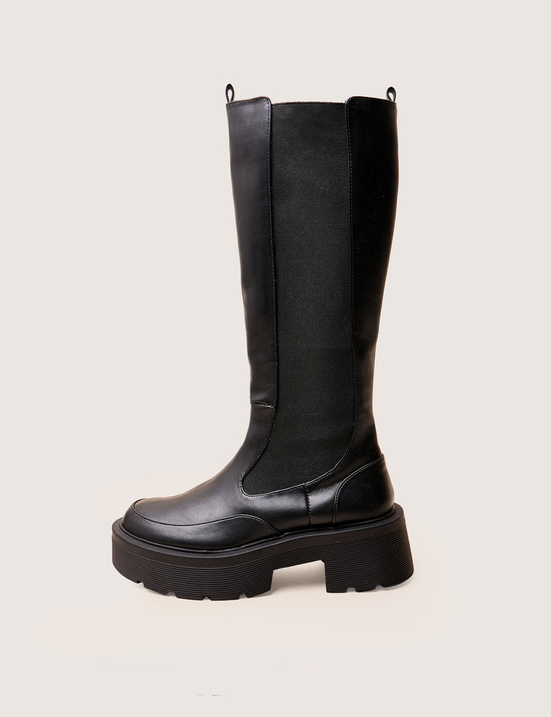 Evergreen Black Pu Knee High Elasticated Detail Chunky Heeled Sole
