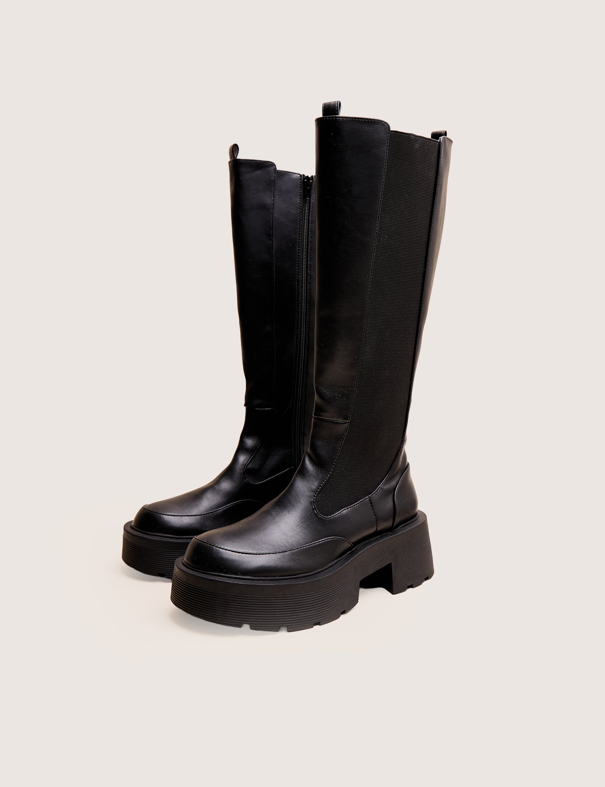 Evergreen Black Pu Knee High Elasticated Detail Chunky Heeled Sole