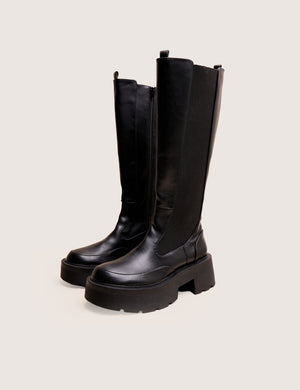 Evergreen Black Knee High Elasticated Detail Chunky Heeled Sole Boots