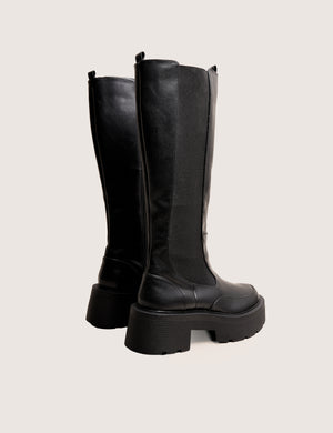 Evergreen Black Knee High Elasticated Detail Chunky Heeled Sole Boots
