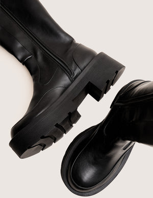 Evergreen Black Knee High Elasticated Detail Chunky Heeled Sole Boots