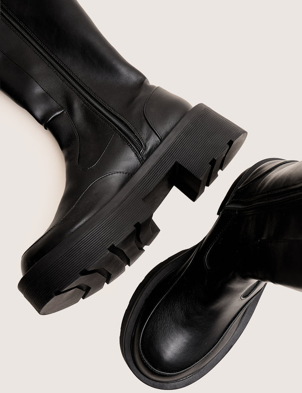 Evergreen Black Knee High Elasticated Detail Chunky Heeled Sole Boots