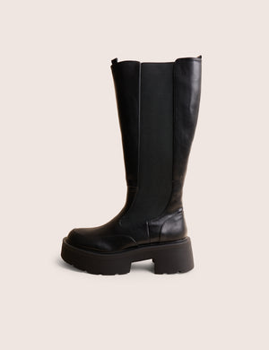 Evergreen Black Pu Wide Fit Knee High Elasticated Detail Chunky Heeled Sole Boots