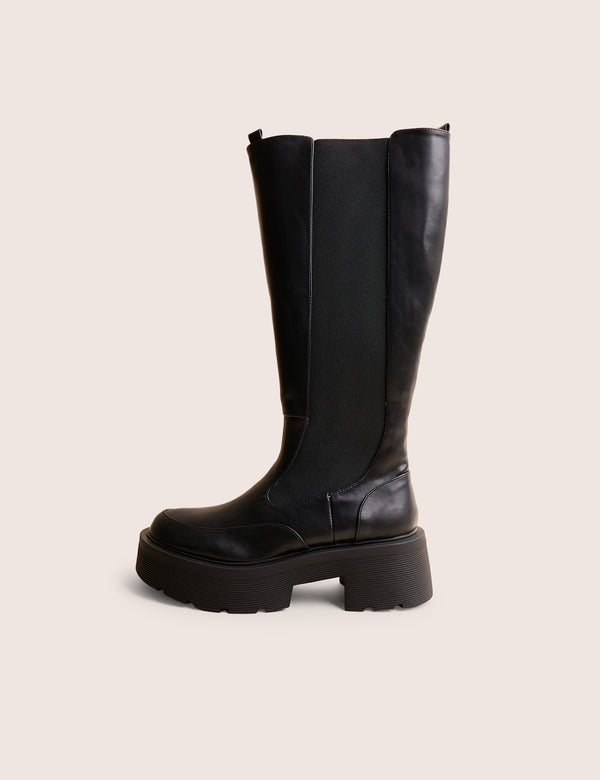 Evergreen Black Pu Wide Fit Knee High Elasticated Detail Chunky Heeled Sole Boots