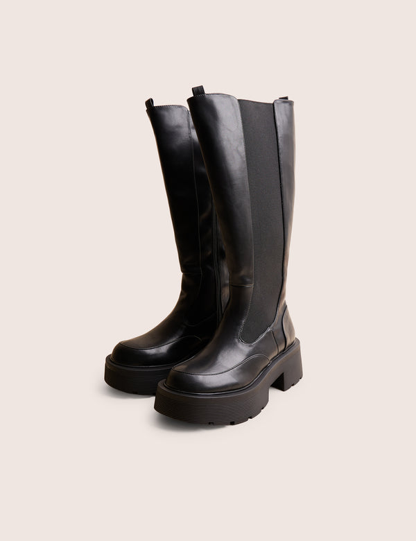 Evergreen Black Pu Wide Fit Knee High Elasticated Detail Chunky Heeled Sole Boots