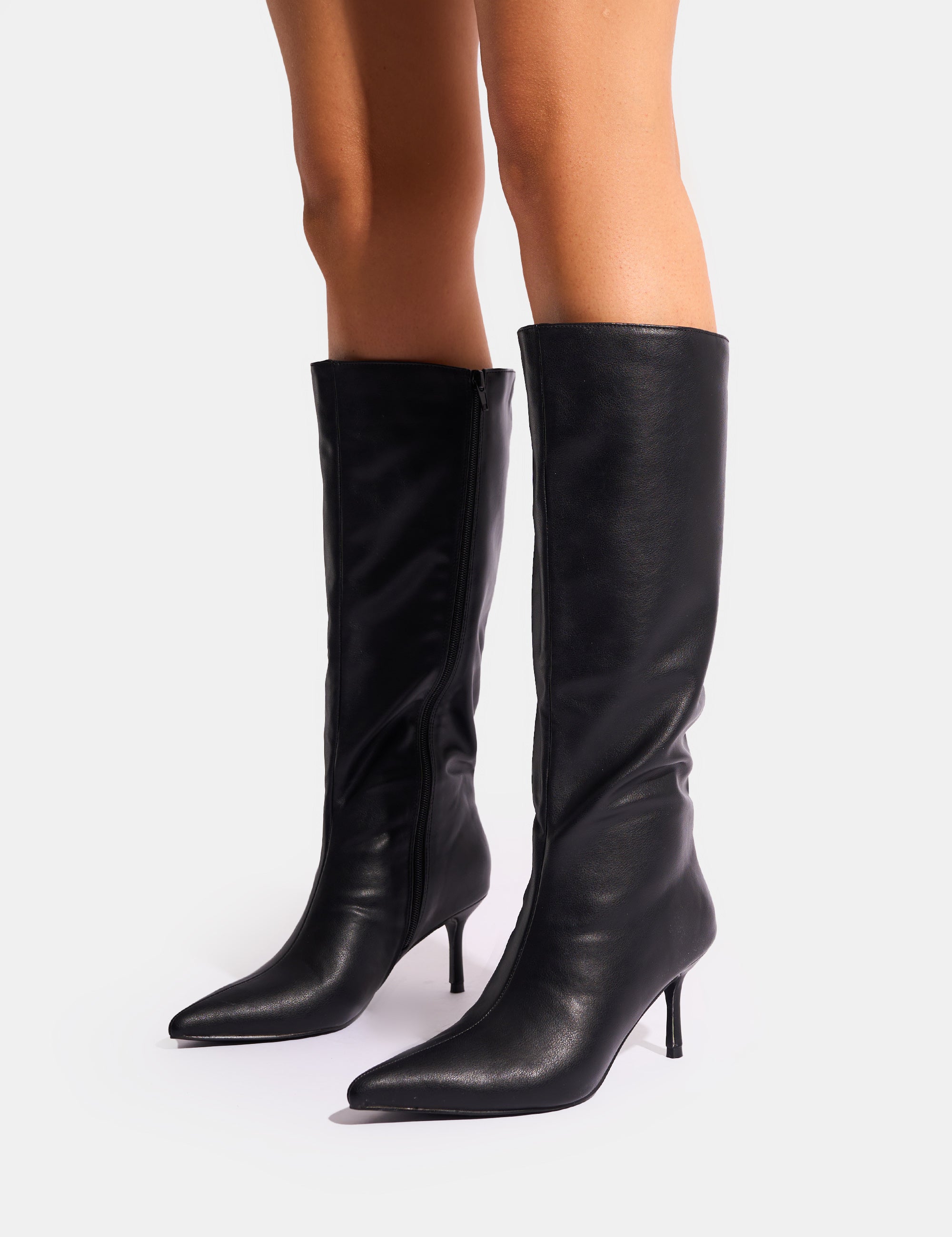 Amped Black Pointed Toe Mid Heel Knee High Boots Public Desire