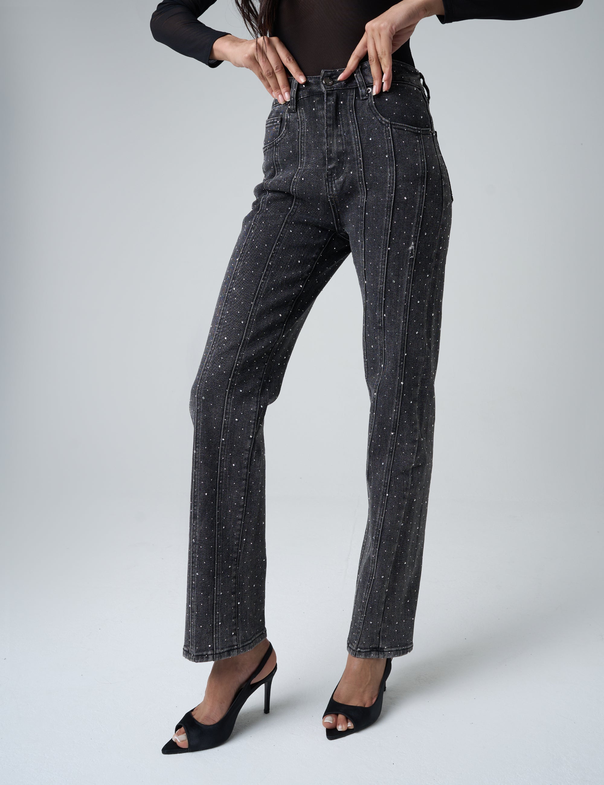 Embelished Straight Leg High Waisted Jeans Black | Public Desire