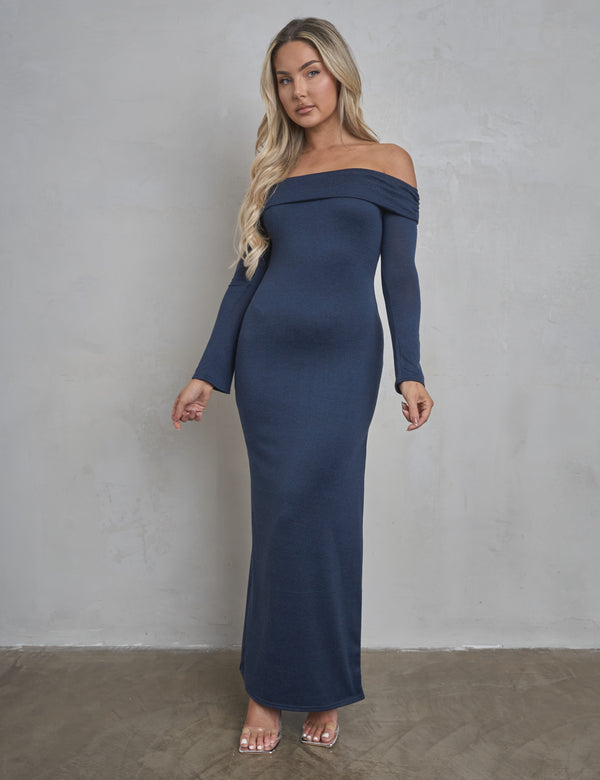 Long Sleeve Off The Shoulder Bardot Maxi Dress Navy