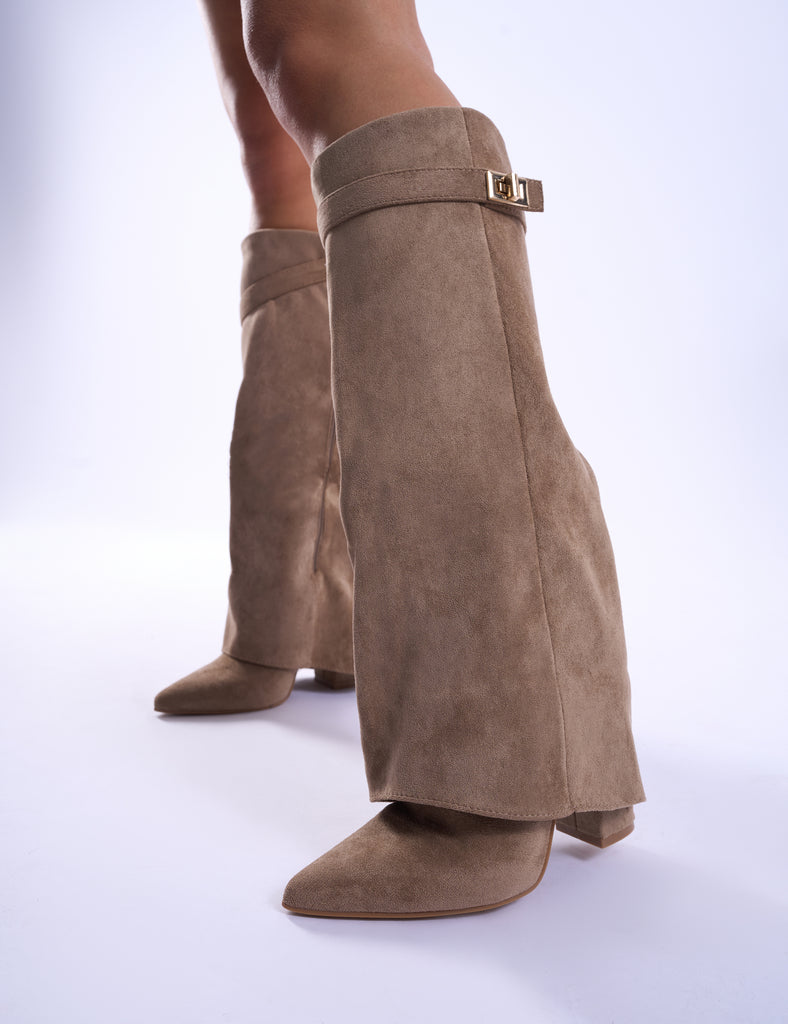 Say Yes Beige Padlock Fold Over Knee High Boots | Public Desire
