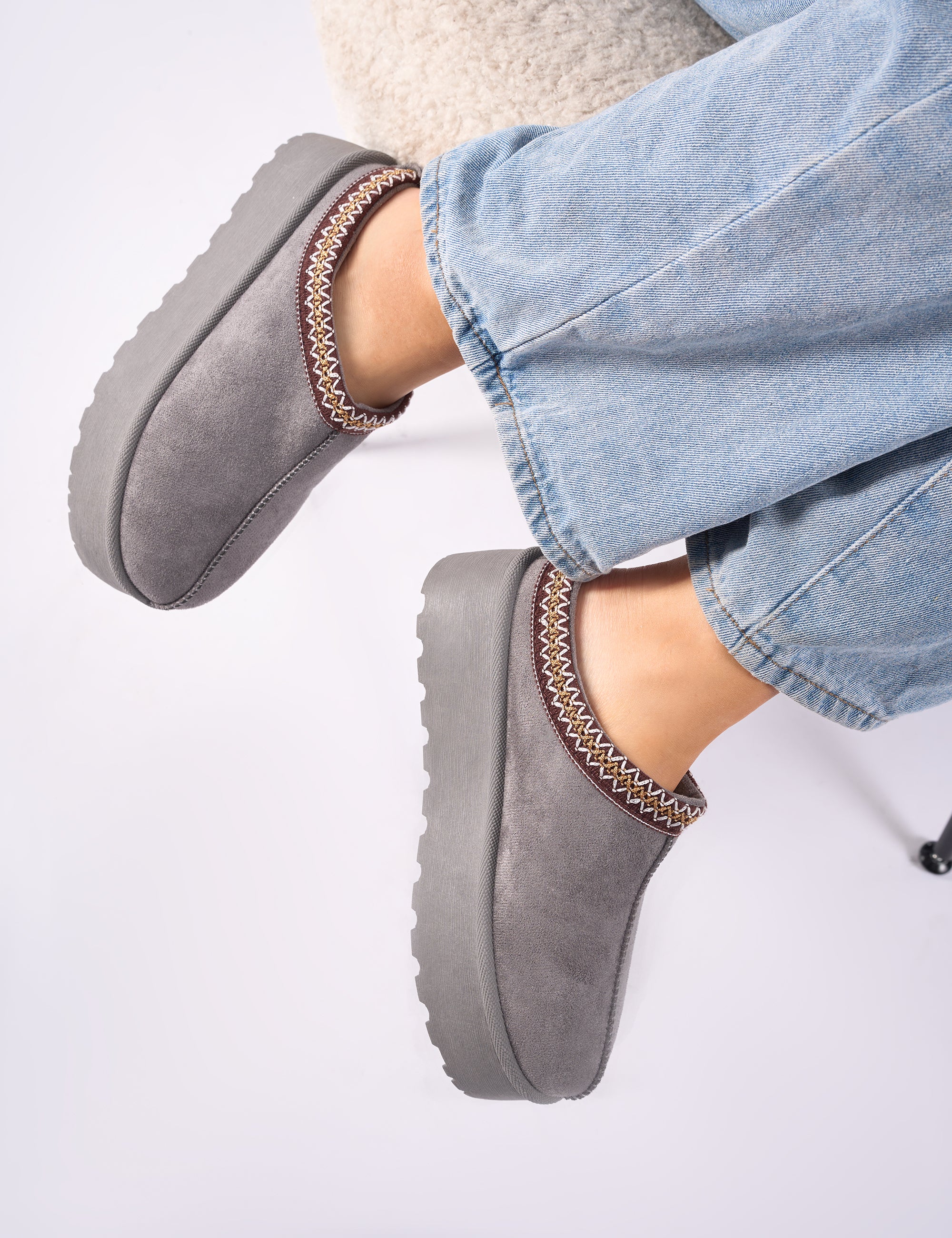 Nutmeg Grey Faux Fur Lined Platform Mules|Public Desire