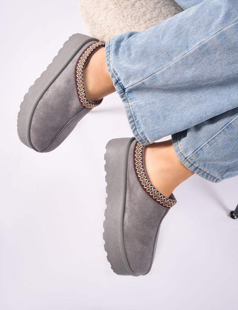 Nutmeg Grey Faux Fur Lined Platform Mules|Public Desire
