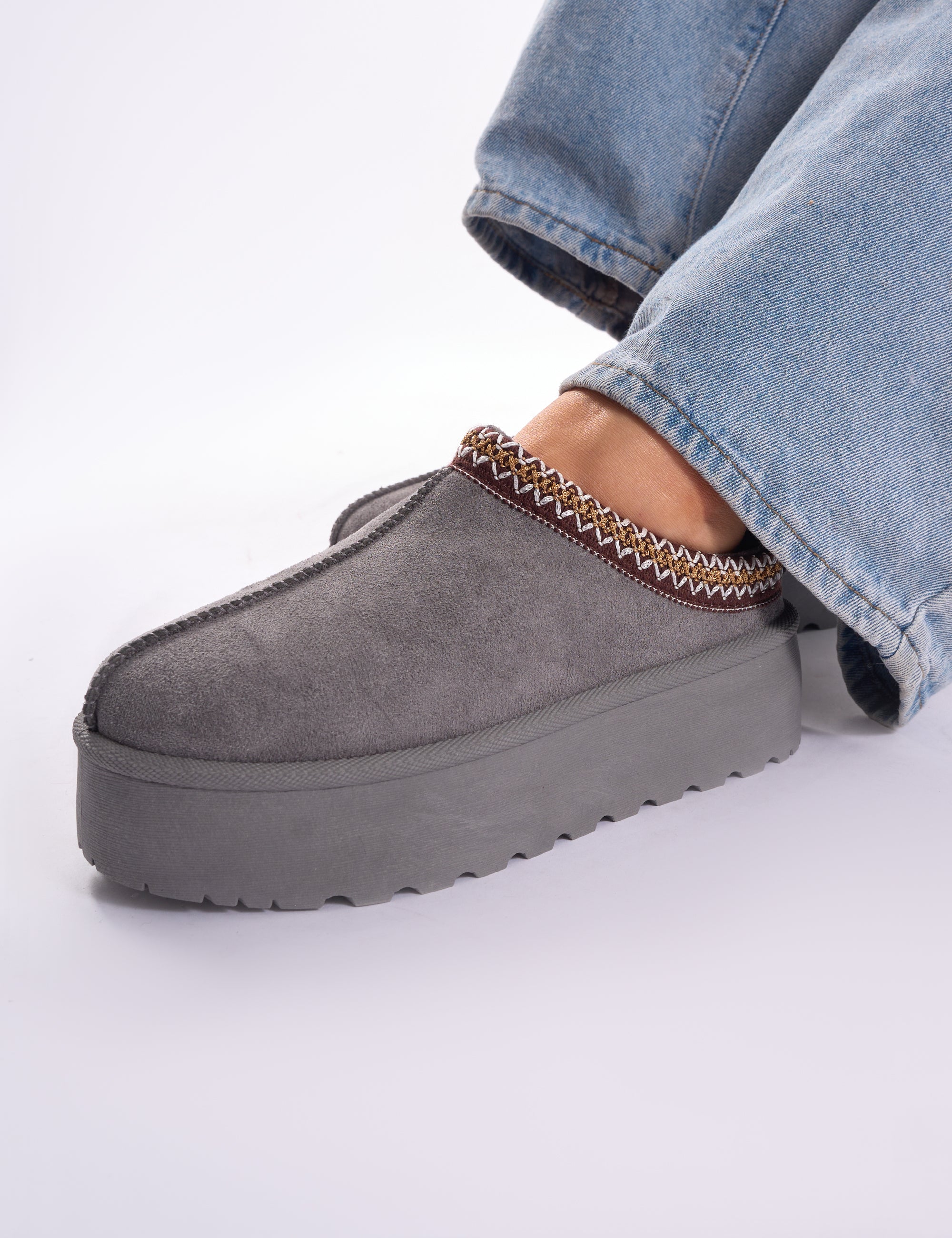 Nutmeg Grey Faux Fur Lined Platform Mules|Public Desire