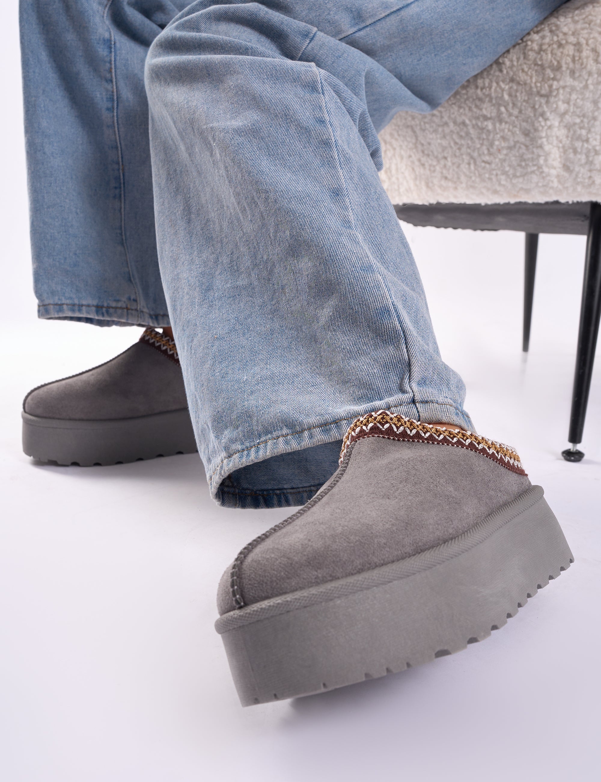 Nutmeg Grey Faux Fur Lined Platform Mules|Public Desire