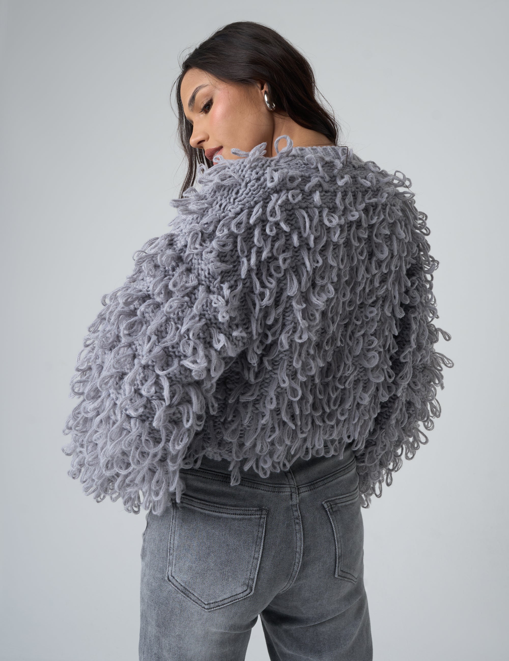 Chunky Loop Stitch Knitted Cardigan Grey1