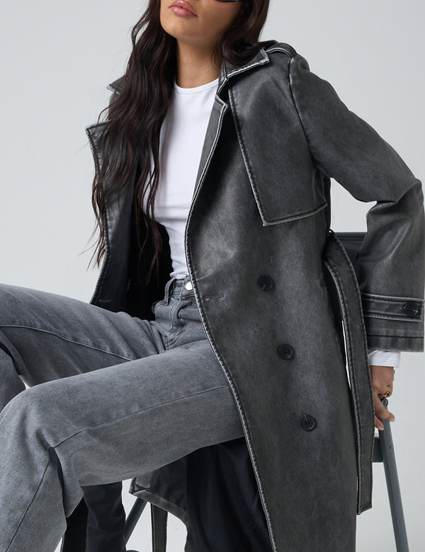 Distressed Faux Leather Long Trench Coat Dark Grey