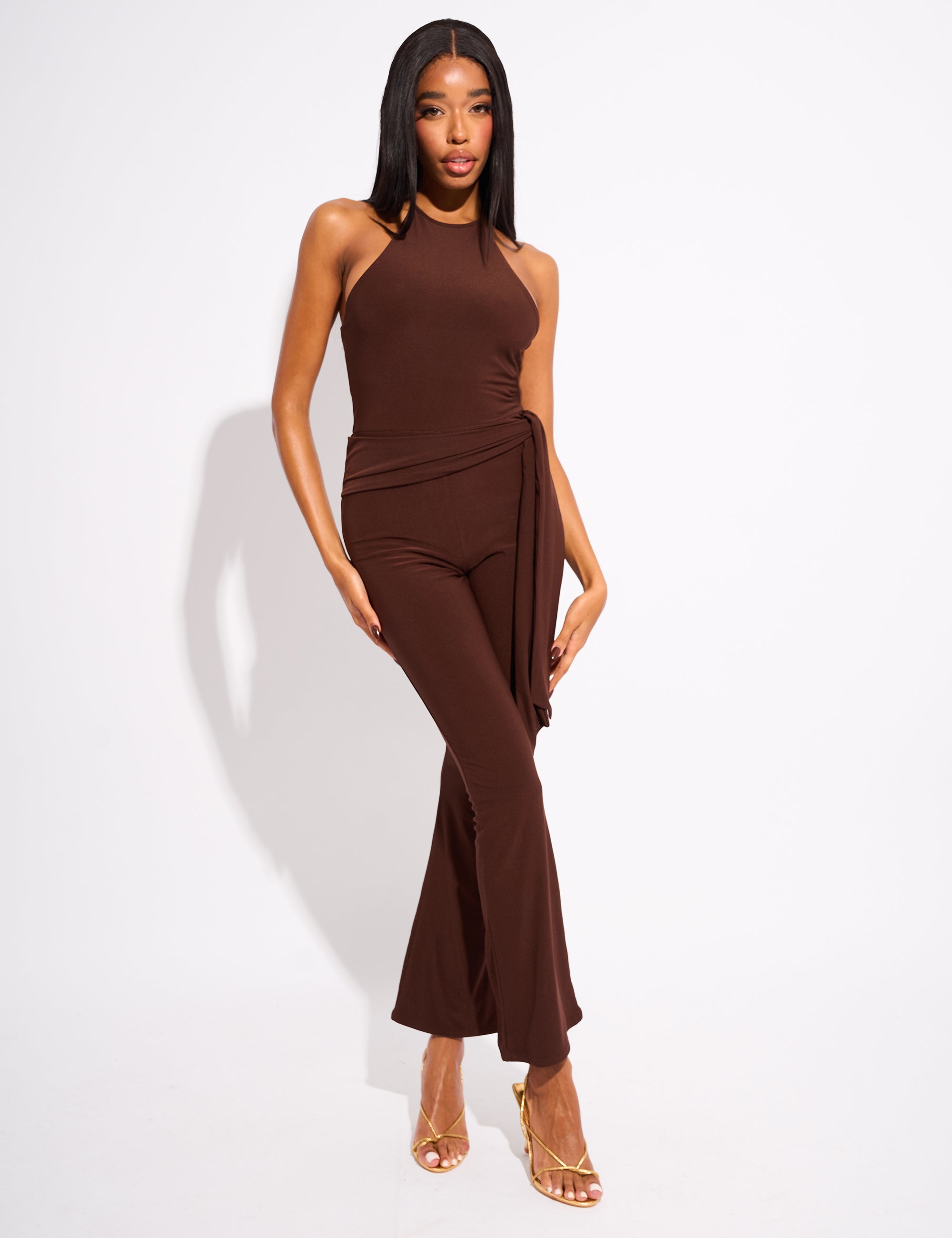 Tie Back Luxe Slinky Belted Jumpsuit Chocolate | Public Desire