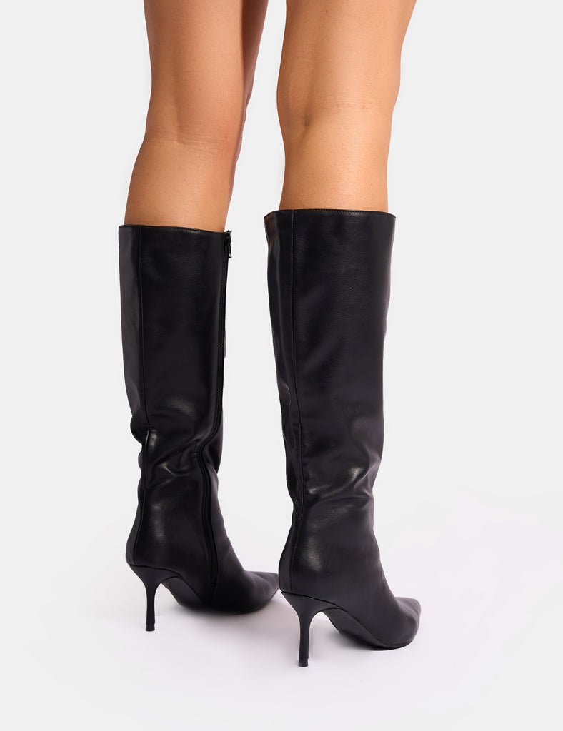 Amped Black Pointed Toe Mid Heel Knee High Boots Public Desire