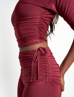 Slinky Ruched Short Sleeve Top Co Ord Burgundy