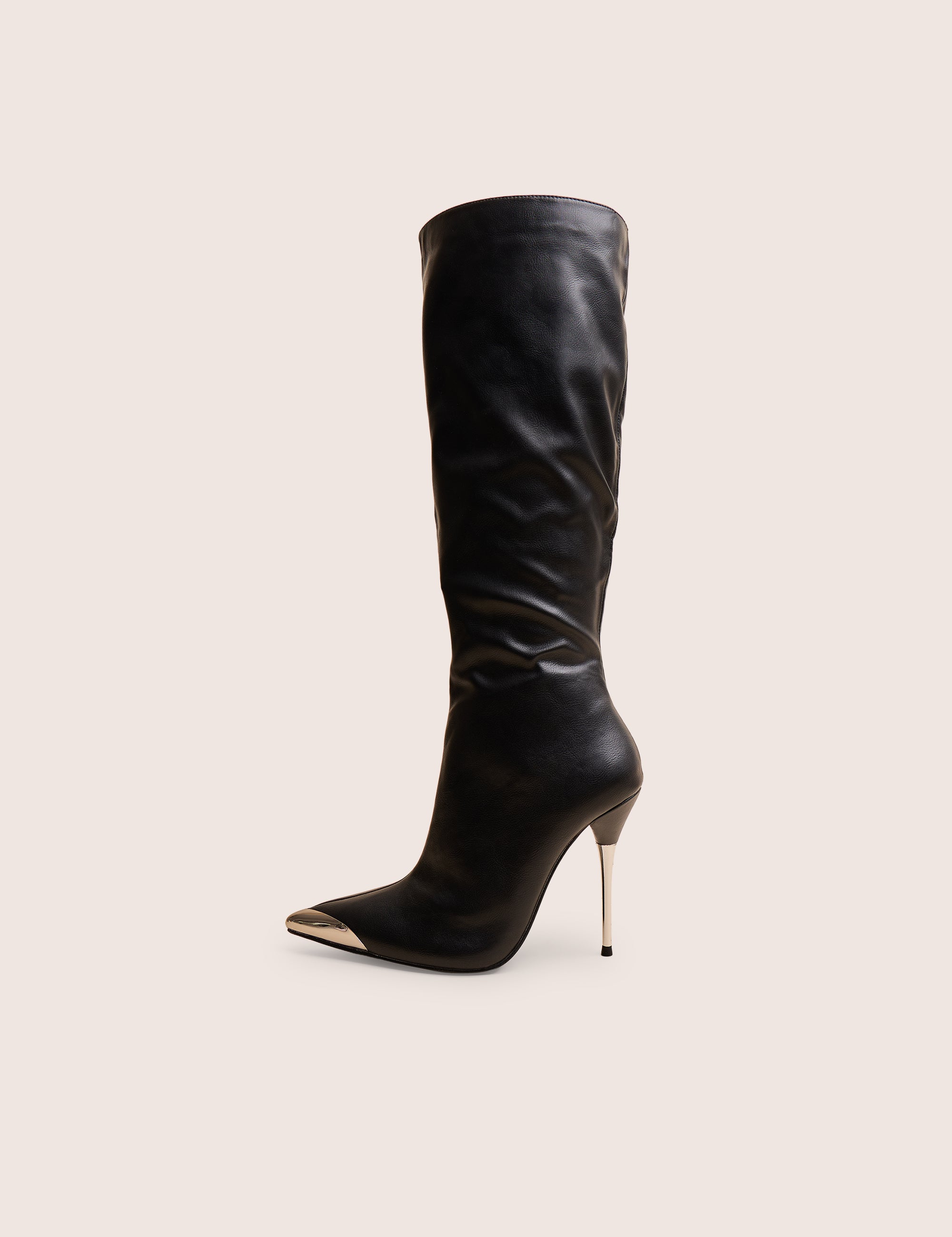 Finery Black Metal Knee High Stiletto Boots | Public Desire