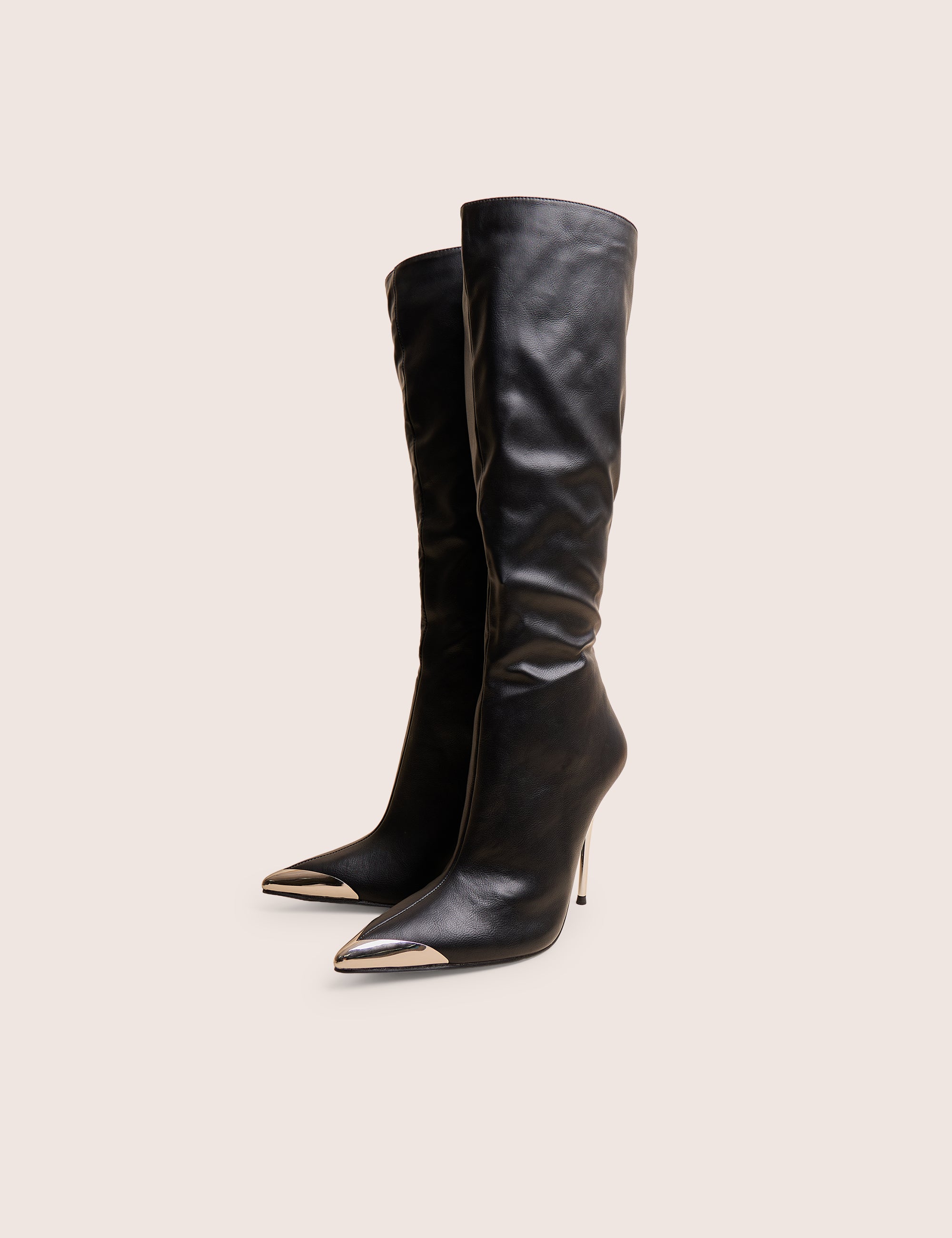 Finery Black Metal Knee High Stiletto Boots | Public Desire