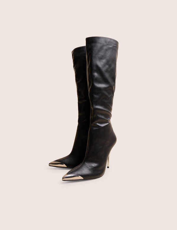Finery Black Pu Metal Toe Capped Zip Up Knee High Stiletto Boots
