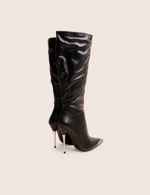 Finery Black Pu Metal Toe Capped Zip Up Knee High Stiletto Boots