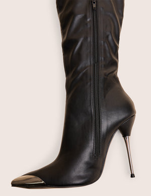 Finery Black Pu Metal Toe Capped Zip Up Knee High Stiletto Boots