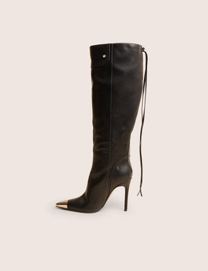 Finest Black Toe Cap Detail Pointed Knee High Boots