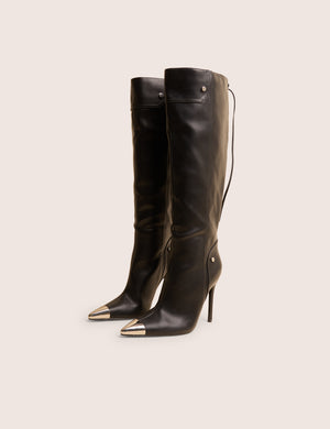 Finest Black Toe Cap Detail Pointed Knee High Boots