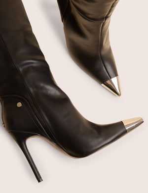 Finest Black Toe Cap Detail Pointed Knee High Boots