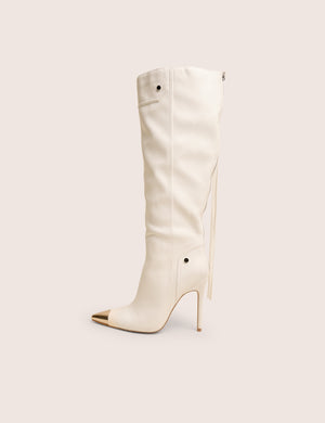 Finest White Toe Cap Detail Pointed Knee High Boots