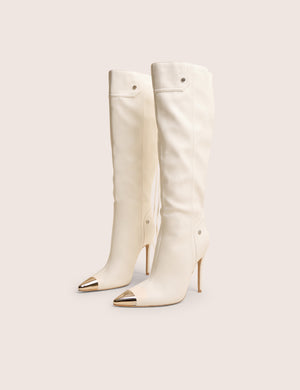 Finest White Toe Cap Detail Pointed Knee High Boots