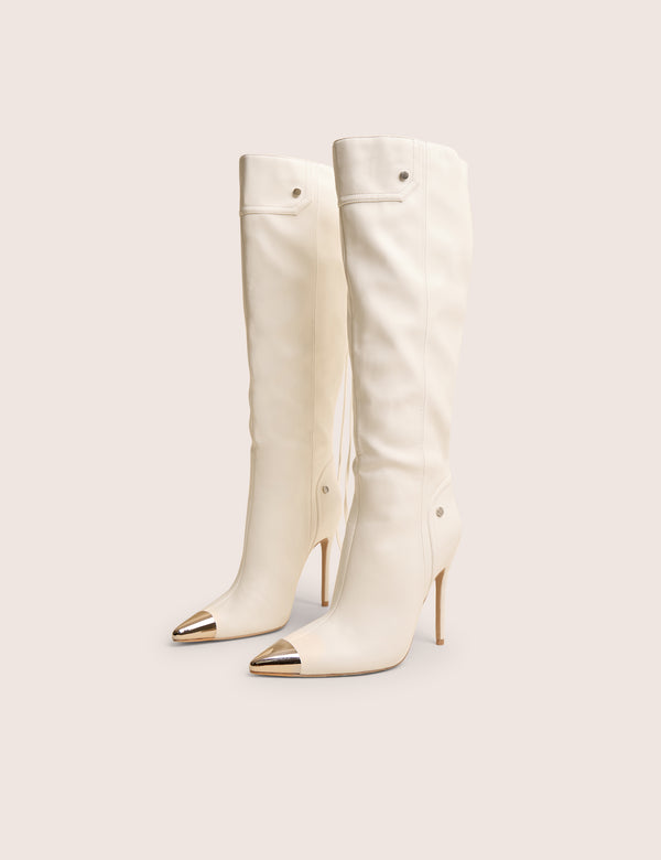 Finest White Toe Cap Detail Pointed Knee High Boots