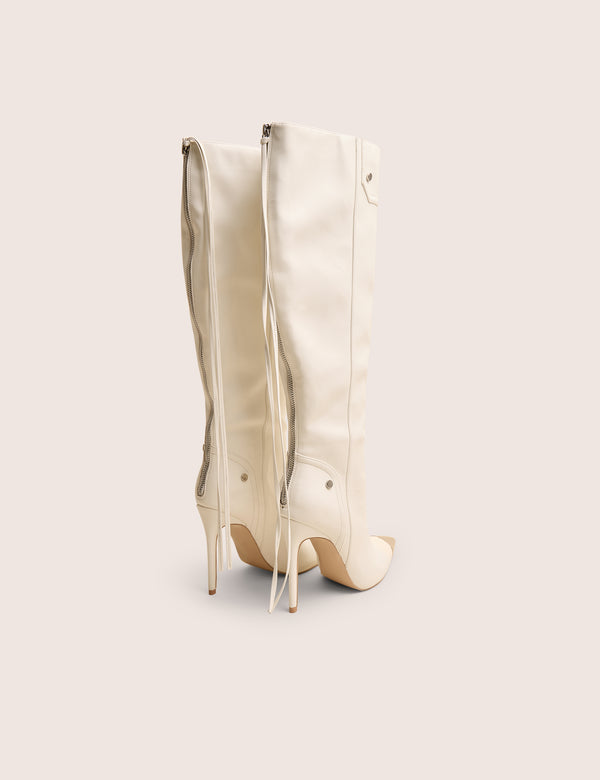 Finest White Toe Cap Detail Pointed Knee High Boots