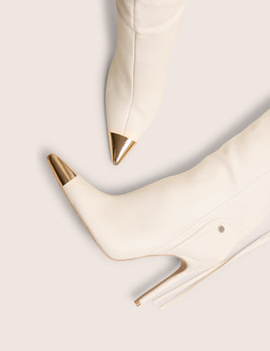 Finest White Toe Cap Detail Pointed Knee High Boots