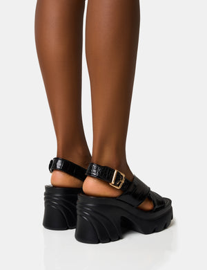 Flare Black Cross Strap Chunky Mid Heel Sandals