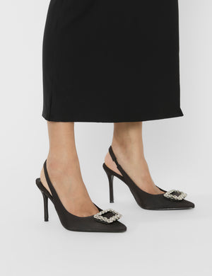 Flint Black Satin Brooch Slingback High Heels