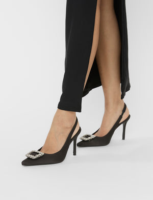 Flint Black Satin Brooch Slingback High Heels