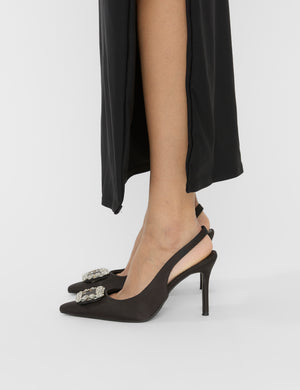 Flint Black Satin Brooch Slingback High Heels