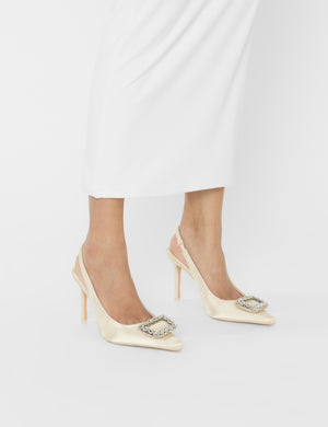 Flint Ivory Satin Brooch Slingback High Heels