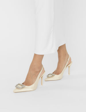 Flint Ivory Satin Brooch Slingback High Heels