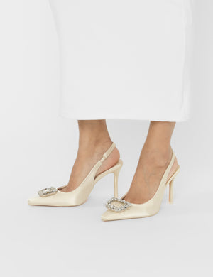 Flint Ivory Satin Brooch Slingback High Heels