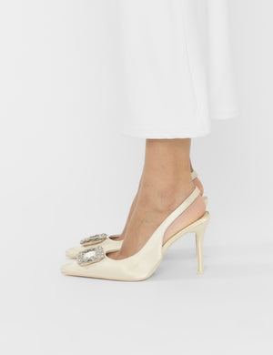 Flint Ivory Satin Brooch Slingback High Heels