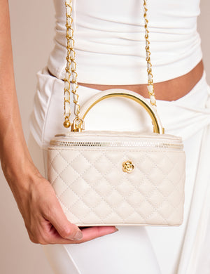 The Florence Top Handle Quilted Vanity Bag Cream