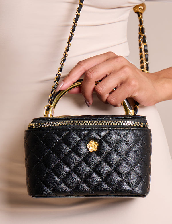 The Florence Top Handle Quilted Vanity Bag Black