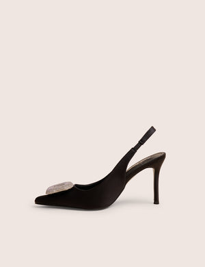 Floss Black Satin Diamante Embellished Sling Back Court Heels