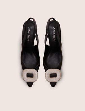 Floss Black Satin Diamante Embellished Sling Back Court Heels